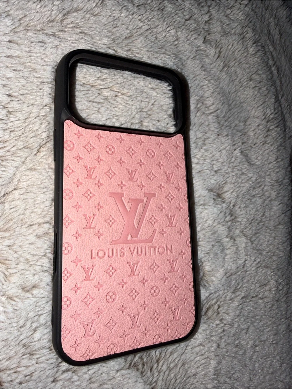 17 pro max Pink Monogram Leather-Style Phone Case with Black Frame
